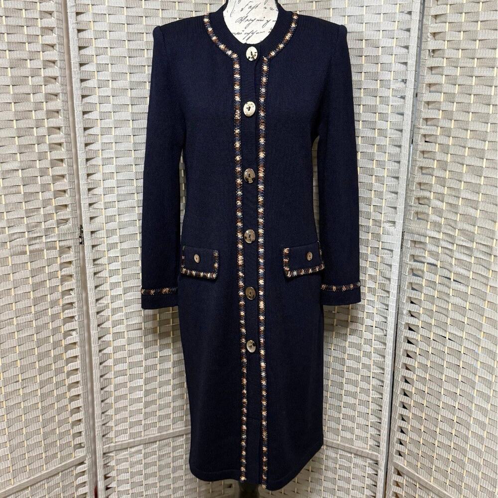 Vintage JSS Coat Dress Size M Navy Blue Embroidered Trim Heritage Wool Blend